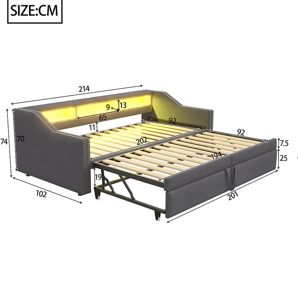 Lit banquette 90x200+180x200 cm gigogne avec rangement, éclairage LED, prise USB, structure lin métal MDF gris foncé sans matelas