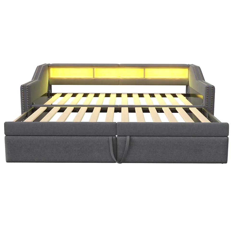 Lit banquette 90x200+180x200 cm gigogne avec rangement, éclairage LED, prise USB, structure lin métal MDF gris foncé sans matelas