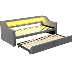 Lit banquette 90x200+180x200 cm gigogne avec rangement, éclairage LED, prise USB, structure lin métal MDF gris foncé sans matelas