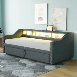 Lit banquette 90x200+180x200 cm gigogne avec rangement, éclairage LED, prise USB, structure lin métal MDF gris foncé sans matelas