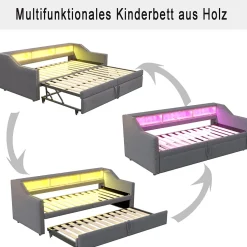 Lit banquette 90x200+180x200 cm gigogne avec rangement, éclairage LED, prise USB, structure lin métal MDF gris foncé sans matelas