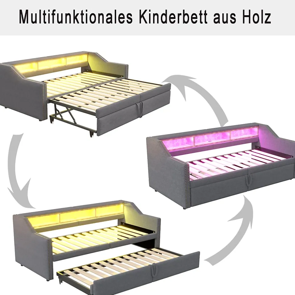 Lit banquette 90x200+180x200 cm gigogne avec rangement, éclairage LED, prise USB, structure lin métal MDF gris foncé sans matelas