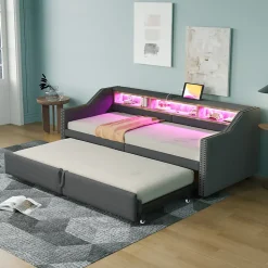 Lit banquette 90x200+180x200 cm gigogne avec rangement, éclairage LED, prise USB, structure lin métal MDF gris foncé sans matelas
