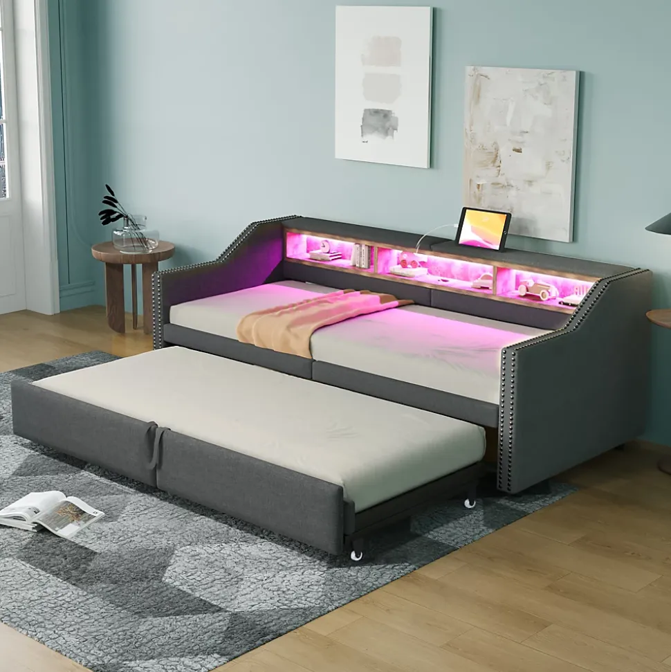 Lit banquette 90x200+180x200 cm gigogne avec rangement, éclairage LED, prise USB, structure lin métal MDF gris foncé sans matelas