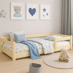 Lit bas Nordi 160x80 - Montessori bois naturel, lit enfant avec barreaux