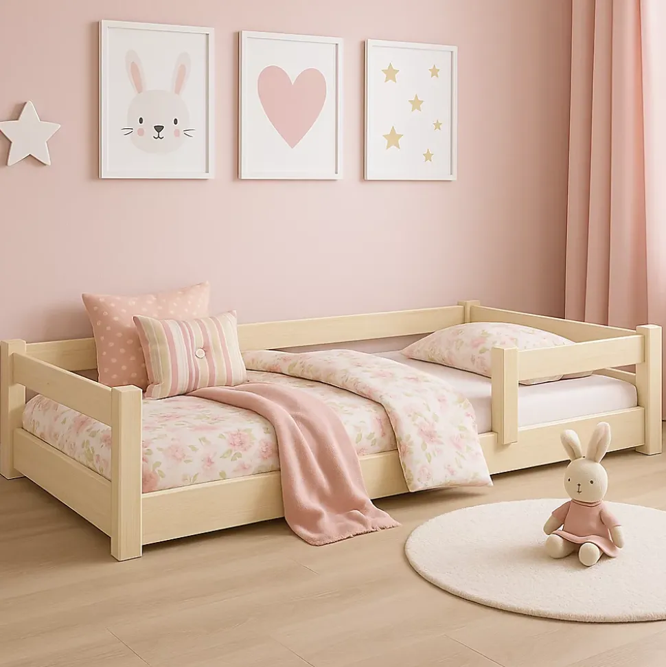 Lit bas Nordi 200x90 - Montessori bois naturel, lit enfant avec barreaux