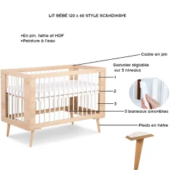 Lit Bébé à Barreaux Avec Sommier Réglable Style Scandinave 120x60 Hêtre