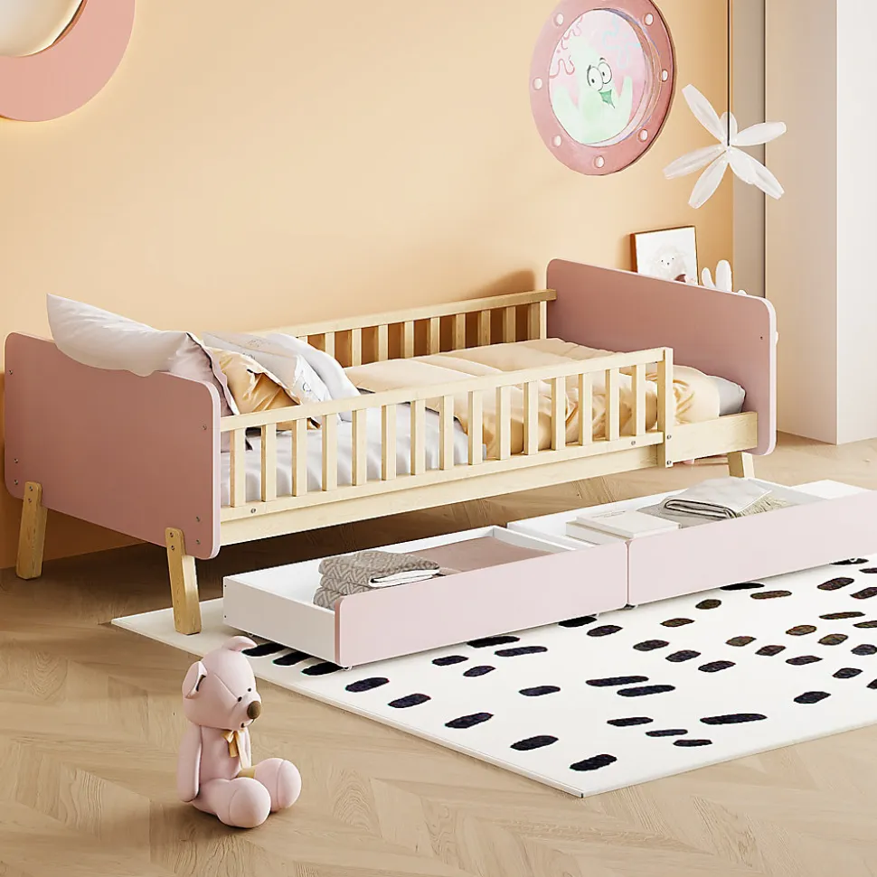 Lit bois 90 par 190 cm lit simple avec 2 tiroirs cadre en bois massif sommier rose