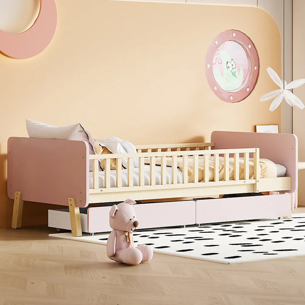 Lit bois 90 par 190 cm lit simple avec 2 tiroirs cadre en bois massif sommier rose