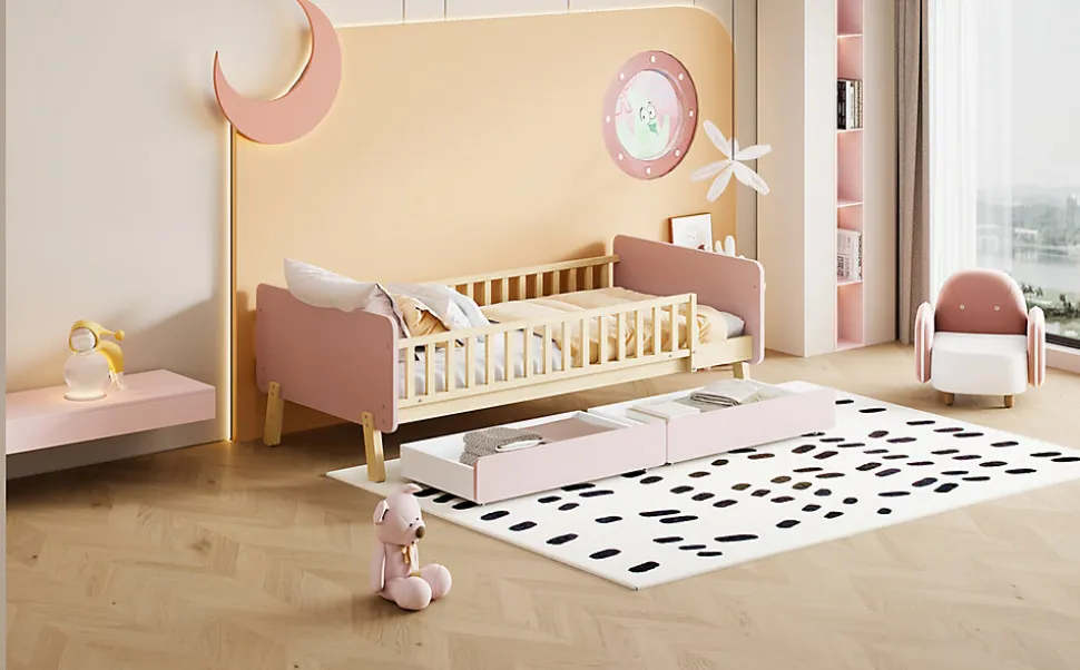 Lit bois 90 par 190 cm lit simple avec 2 tiroirs cadre en bois massif sommier rose