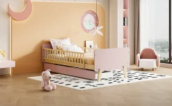 Lit bois 90 par 190 cm lit simple avec 2 tiroirs cadre en bois massif sommier rose