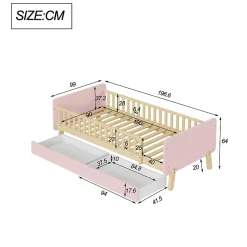 Lit bois 90 par 190 cm lit simple avec 2 tiroirs cadre en bois massif sommier rose
