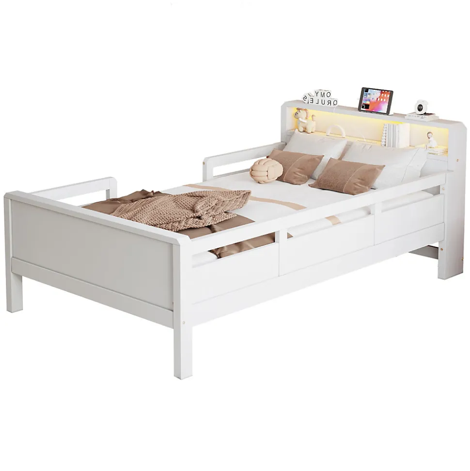 Lit bois 90 par 200 cm USB type C lampe LED tete de lit avec rangement lit enfant lit simple multifonction pin blanc