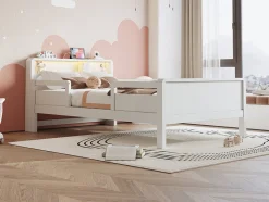 Lit bois 90 par 200 cm USB type C lampe LED tete de lit avec rangement lit enfant lit simple multifonction pin blanc