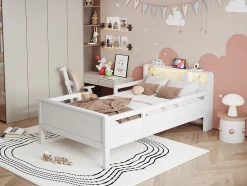 Lit bois 90 par 200 cm USB type C lampe LED tete de lit avec rangement lit enfant lit simple multifonction pin blanc