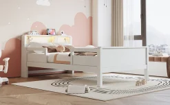 Lit bois 90 par 200 cm USB type C lampe LED tete de lit avec rangement lit enfant lit simple multifonction pin blanc