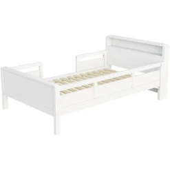 Lit bois 90 par 200 cm USB type C lampe LED tete de lit avec rangement lit enfant lit simple multifonction pin blanc