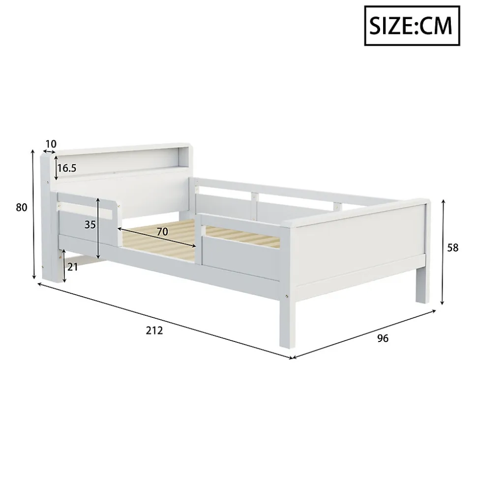 Lit bois 90 par 200 cm USB type C lampe LED tete de lit avec rangement lit enfant lit simple multifonction pin blanc