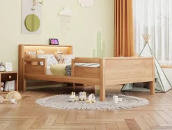 Lit bois massif quatre vingt dix par deux cents avec USB Type C lampe LED tete rangement lit simple fonctionnelle bois