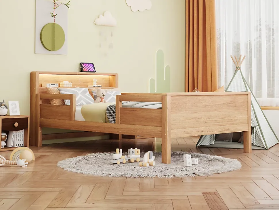 Lit bois massif quatre vingt dix par deux cents avec USB Type C lampe LED tete rangement lit simple fonctionnelle bois