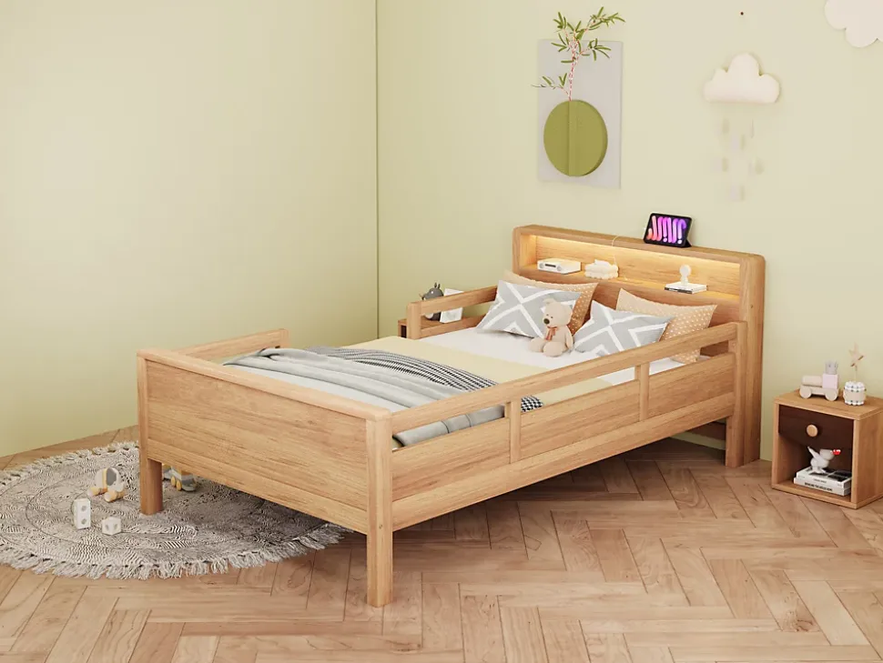 Lit bois massif quatre vingt dix par deux cents avec USB Type C lampe LED tete rangement lit simple fonctionnelle bois