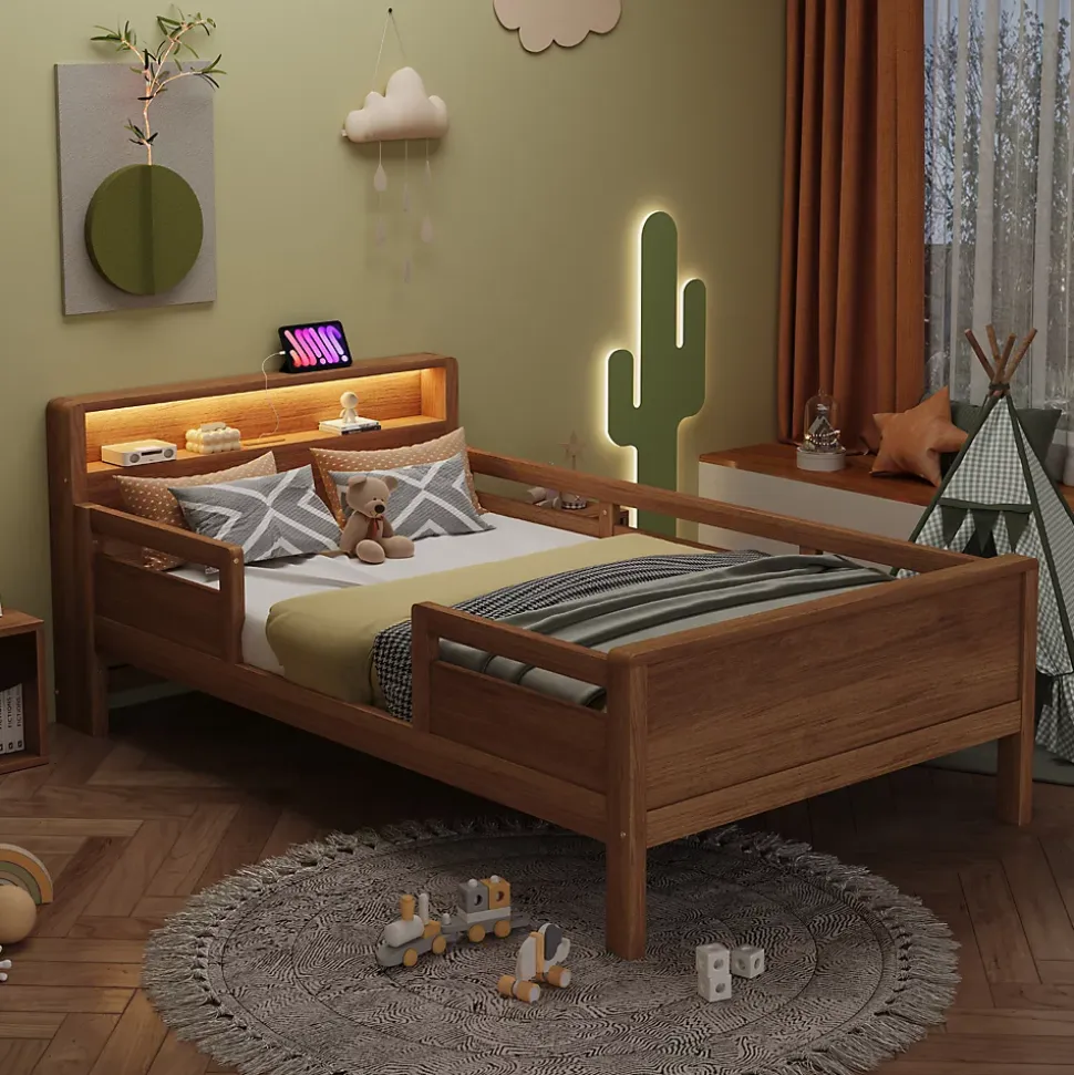 Lit bois massif quatre vingt dix par deux cents avec USB Type C lampe LED tete rangement lit simple fonctionnelle bois