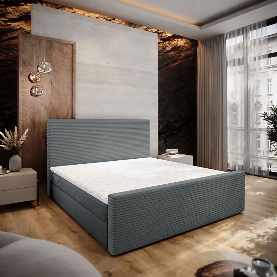 Lit Boxspring ALORIA 160X200 CM POSO 60 + PAROS 06, Gris, Lit avec matelas et rangement