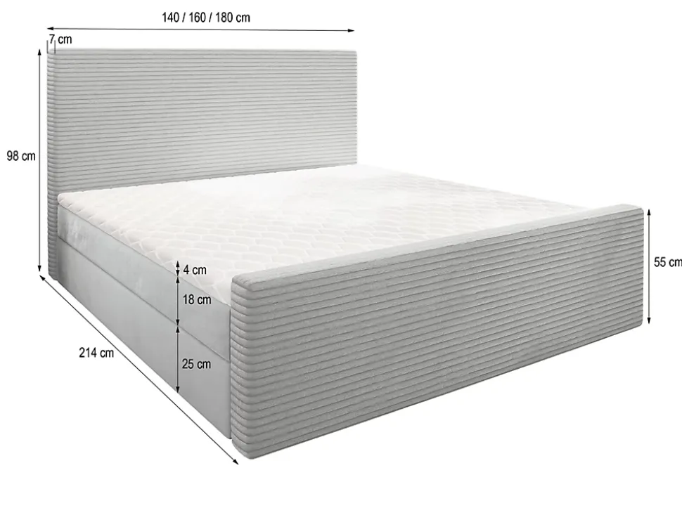 Lit Boxspring ALORIA 160X200 CM POSO 60 + PAROS 06, Gris, Lit avec matelas et rangement