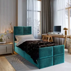 Lit Boxspring ARIEL 90 90X200 CM KRONOS 13, Bleu, Lit avec matelas et rangement