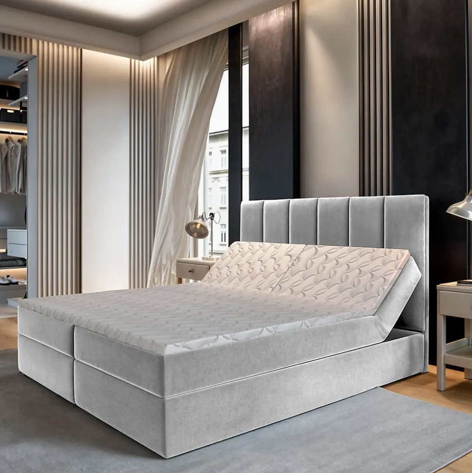 Lit Boxspring BARINO 140X200 CM PAROS 05, Gris clair, Lit avec matelas et rangement