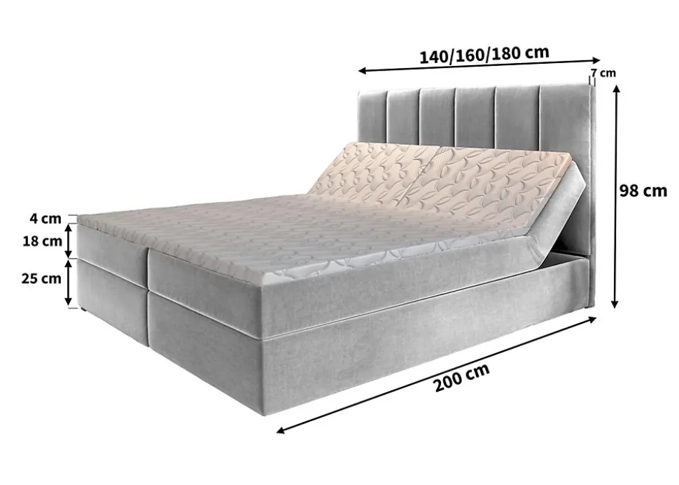 Lit Boxspring BARINO 140X200 CM PAROS 05, Gris clair, Lit avec matelas et rangement