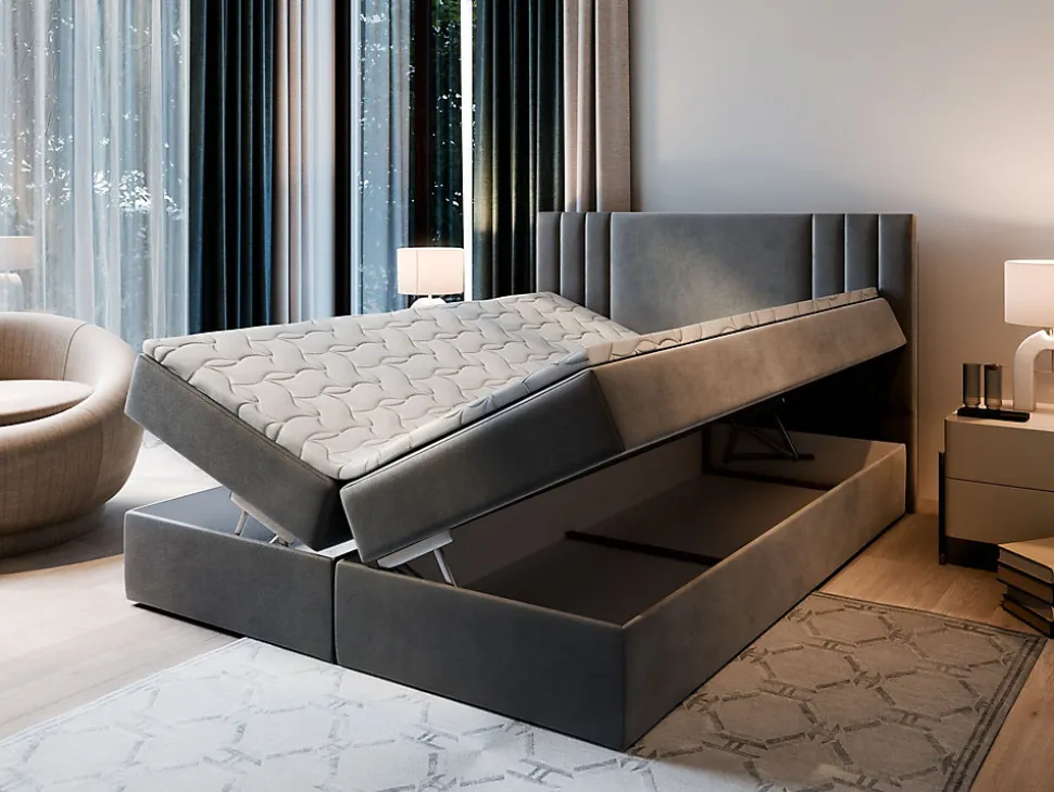 Lit Boxspring BRES 160X200 CM CASABLANCA 14, Gris clair, Lit avec matelas et rangement