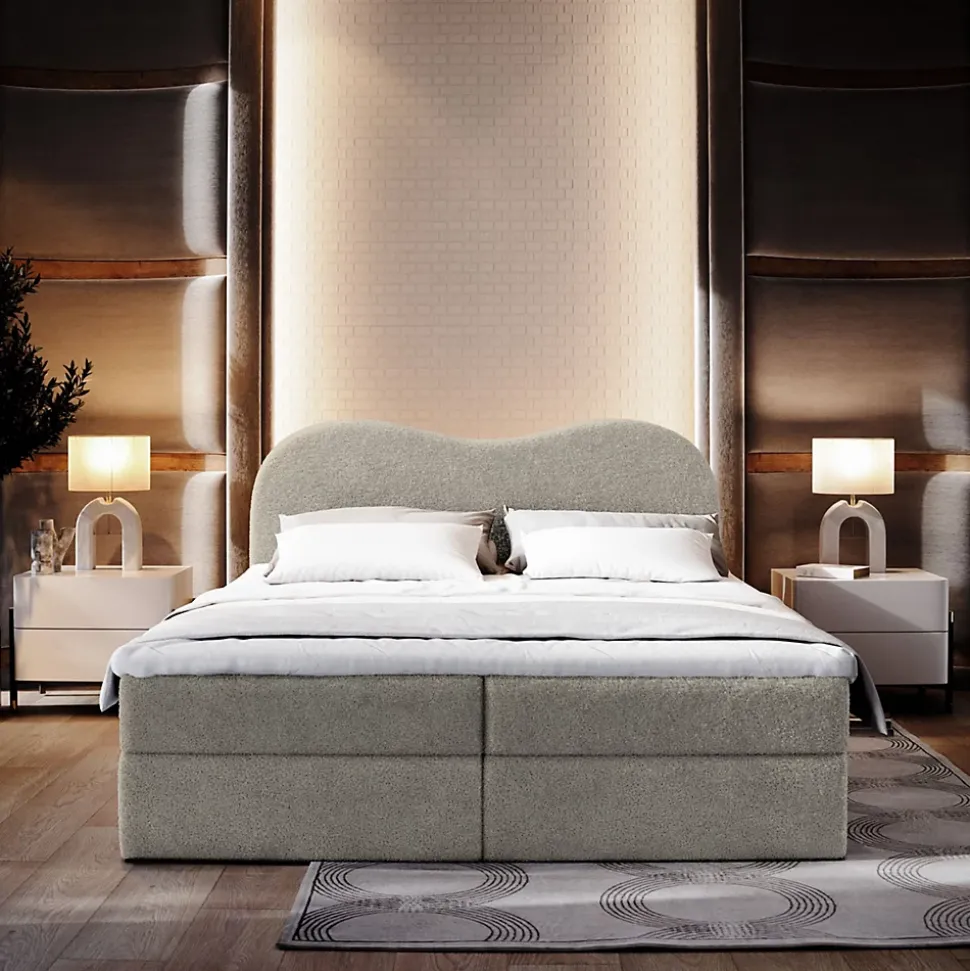 Lit Boxspring FLUVIA 180X200 CM NOW OR NEVER 83, Gris clair, Lit avec matelas et rangement