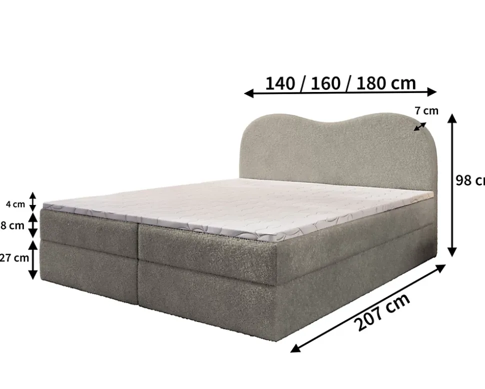 Lit Boxspring FLUVIA 180X200 CM NOW OR NEVER 83, Gris clair, Lit avec matelas et rangement