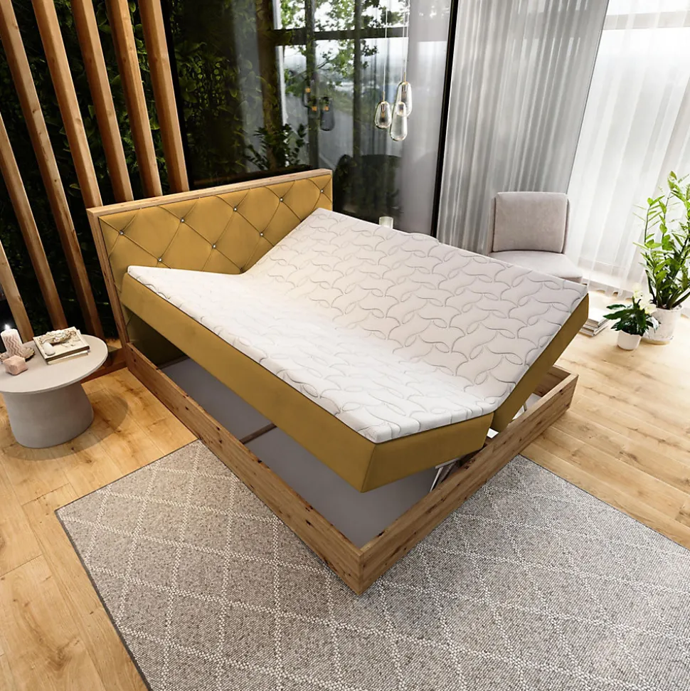 Lit Boxspring FOSCO 140X200 CM KRONOS 01, Jaune, Lit avec matelas et rangement