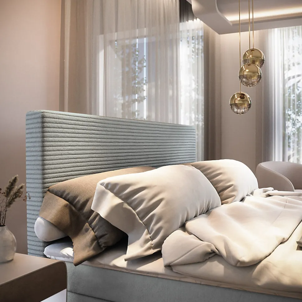 Lit Boxspring GIARRO 180X200 CM POSO 55 + PAROS 05, Gris clair, Lit avec matelas et rangement