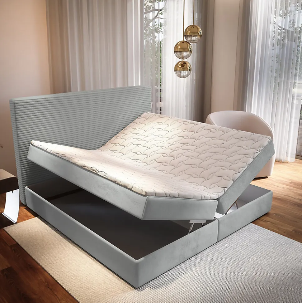 Lit Boxspring GIARRO 180X200 CM POSO 55 + PAROS 05, Gris clair, Lit avec matelas et rangement