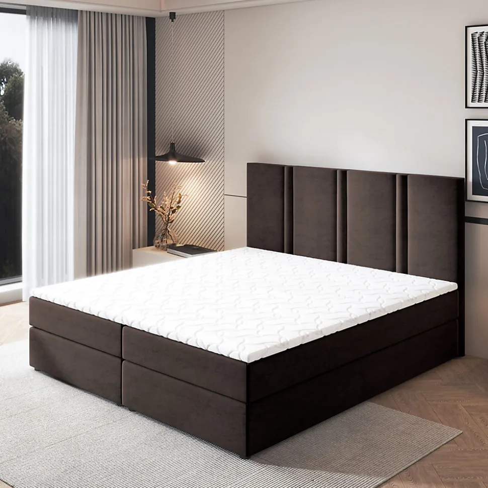 Lit Boxspring LARIO 180X200 CM KRONOS 06, Marron, Lit avec matelas et rangement