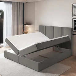 Lit Boxspring LARIO 160X200 CM KRONOS 15, Gris, Lit avec matelas et rangement