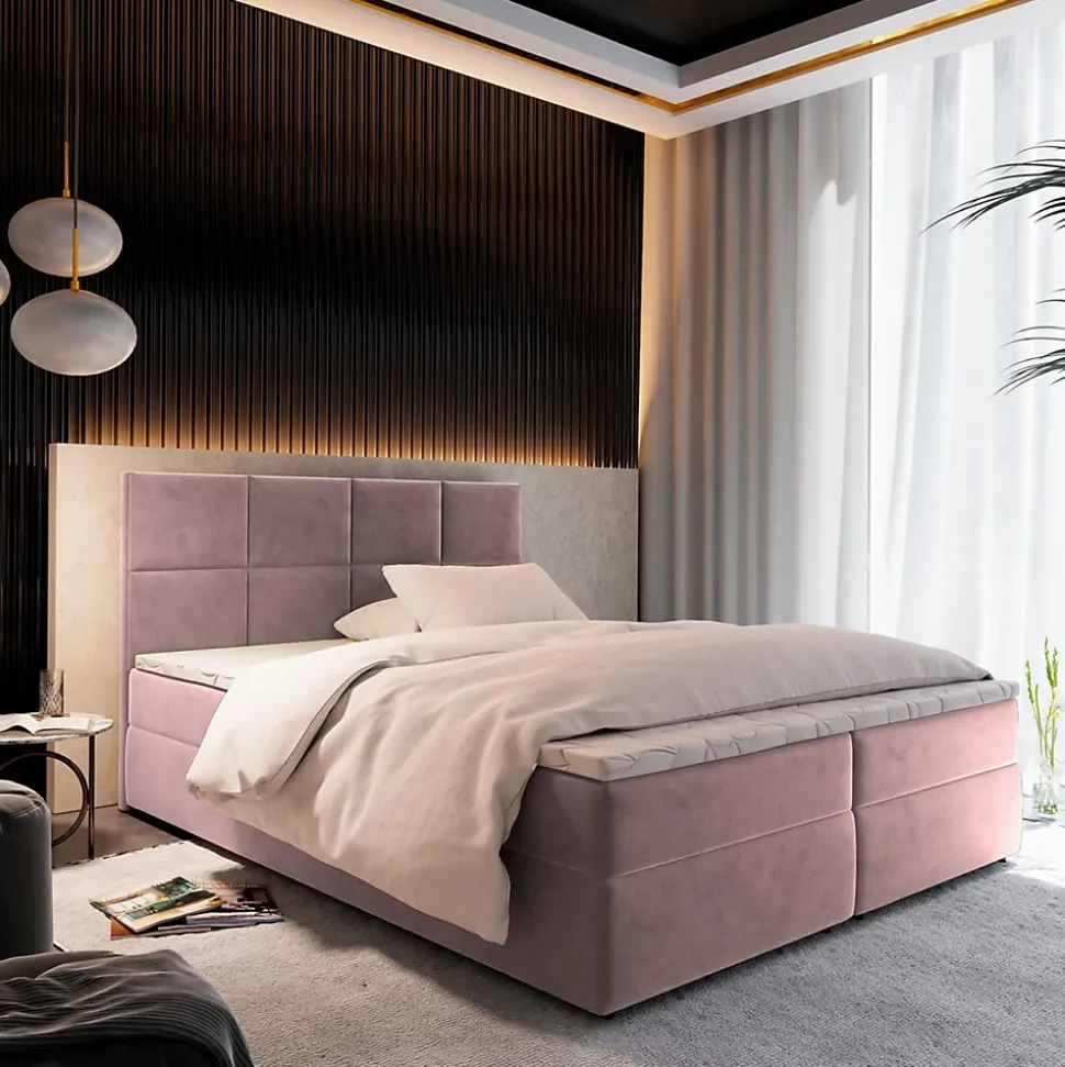 Lit Boxspring LENA 160X200 CM KRONOS 27, Rose, Lit avec matelas et rangement