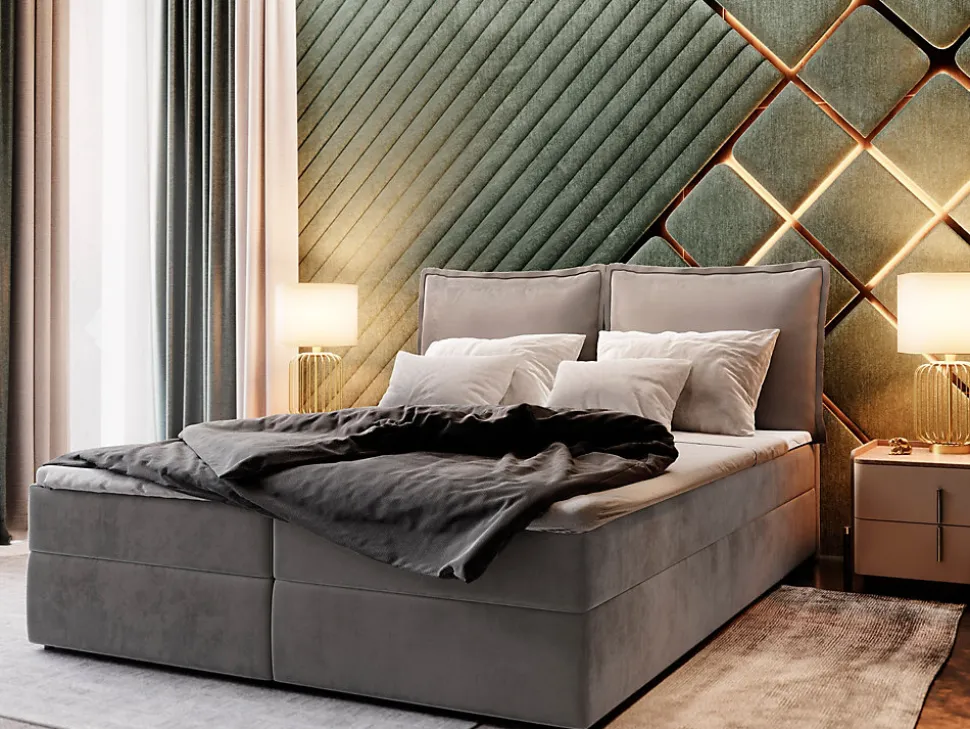 Lit Boxspring LENTE 180X200 CM MONOLITH 85, Gris, Lit avec matelas et rangement