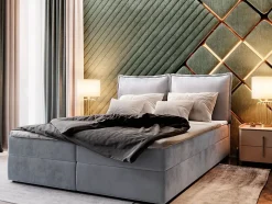 Lit Boxspring LENTE 160X200 CM MONOLITH 84, Gris clair, Lit avec matelas et rangement