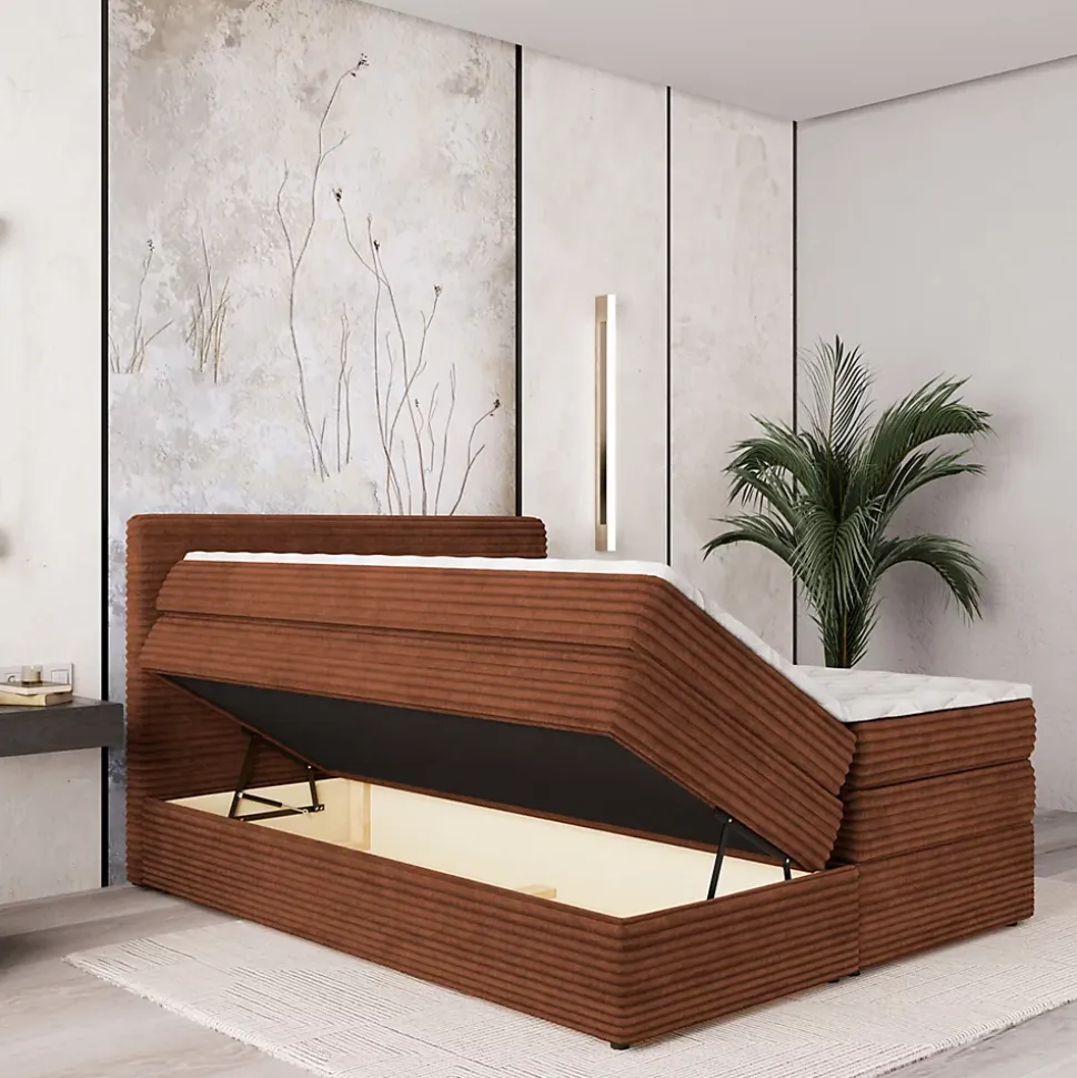 Lit Boxspring LUNERA 140X200 CM TILIA 52, Marron, Lit avec matelas et rangement