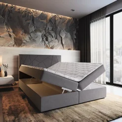 Lit Boxspring MADO 140X200 CM INARI 91, Gris clair, Lit avec matelas et rangement