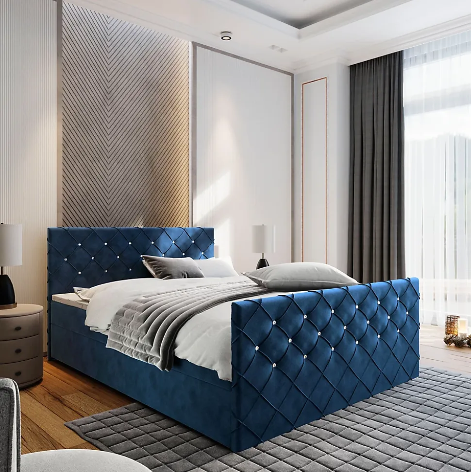 Lit Boxspring MANDI 160X200 CM MAGIC VELVET 2216, Bleu, Lit avec matelas et rangement