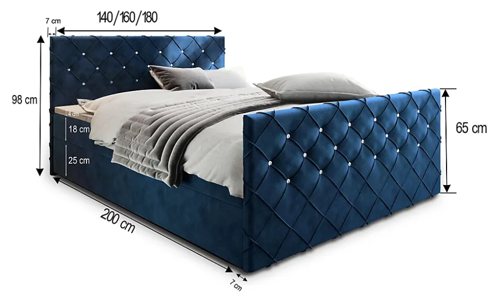 Lit Boxspring MANDI 160X200 CM MAGIC VELVET 2216, Bleu, Lit avec matelas et rangement