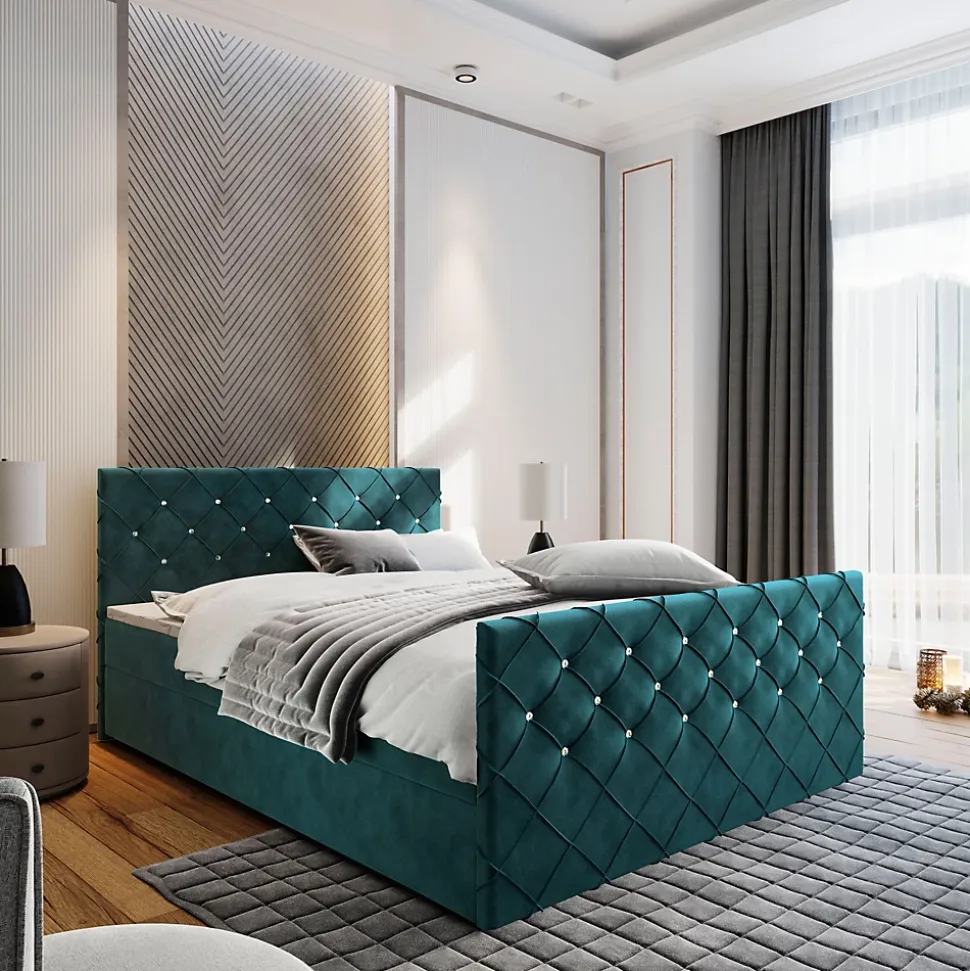 Lit Boxspring MANDI 180X200 CM MAGIC VELVET 2221, Bleu, Lit avec matelas et rangement