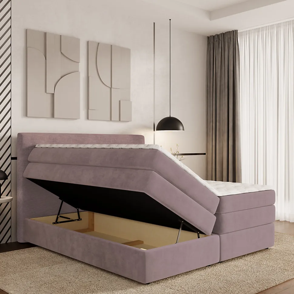 Lit Boxspring MATERN 140X200 CM POSO 27 + KRONOS 27, Rose, Lit avec matelas et rangement