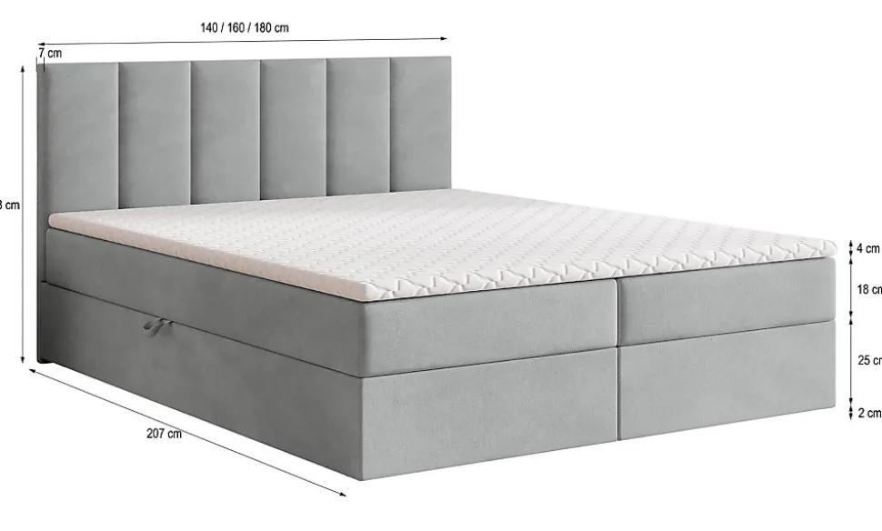 Lit Boxspring MERIL 140X200 CM PAROS 05, Gris clair, Lit avec matelas et rangement