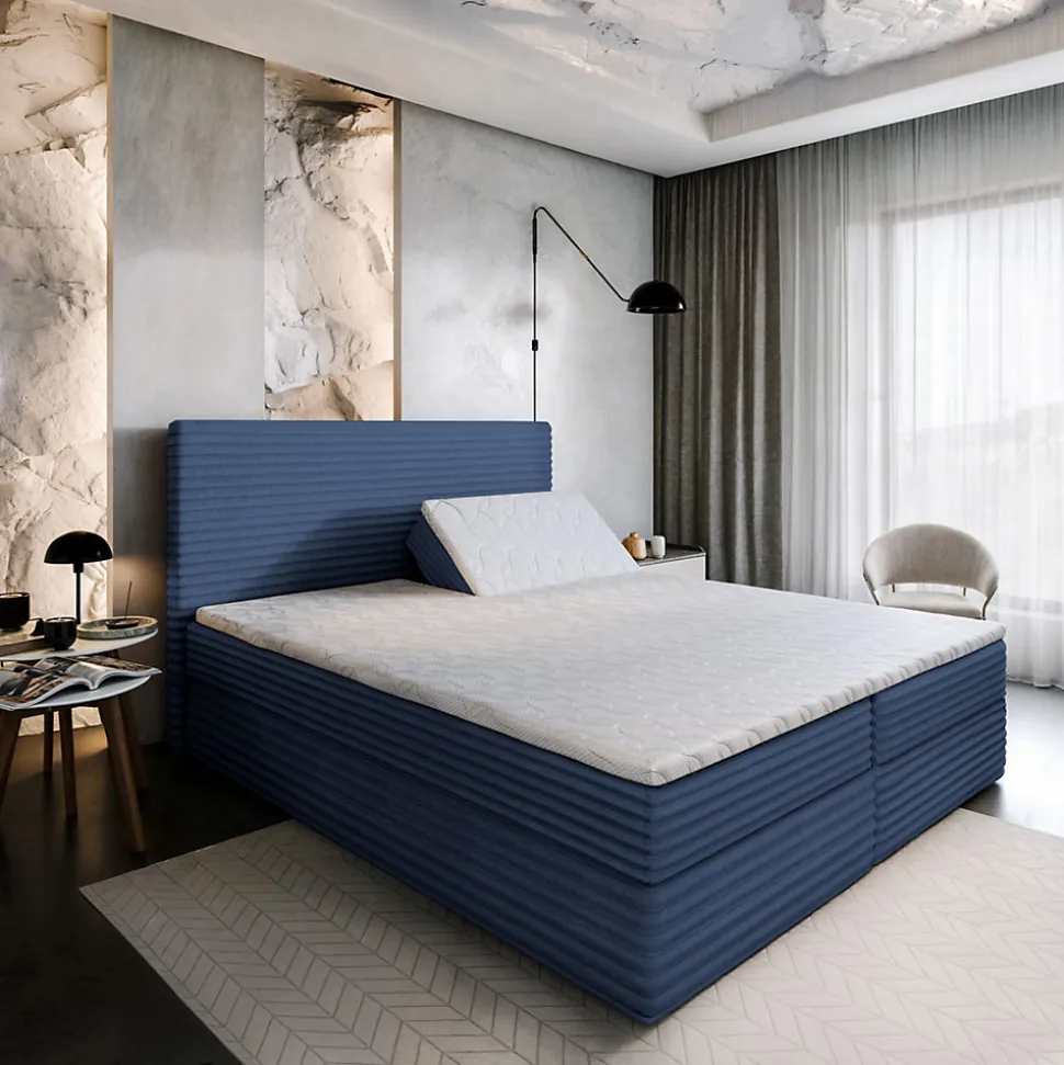 Lit Boxspring MILARA 160X200 CM TILIA 77, Bleu, Lit avec matelas et rangement